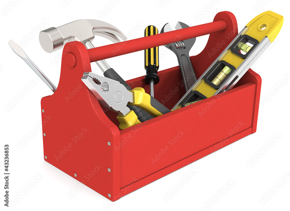 Toolbox. Toolbox of wood painted red. Miscellaneous Tools. Toolbox. Toolbox of wood painted red. Miscellaneous Tools.