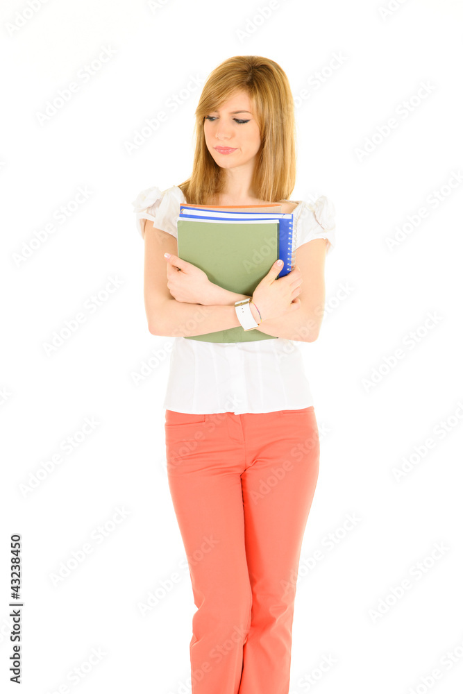 Young student white shirt with books and various expressions Young student white shirt with books and various expressions