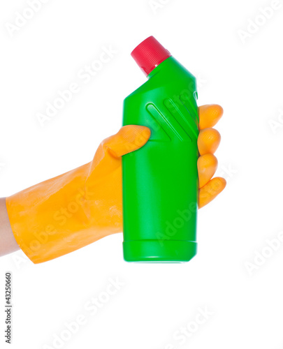 detergent bottle in hand isolated on white