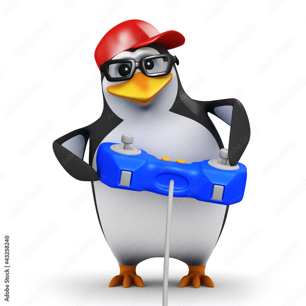 Obraz premium 3d Penguin in baseball cap plays videogame