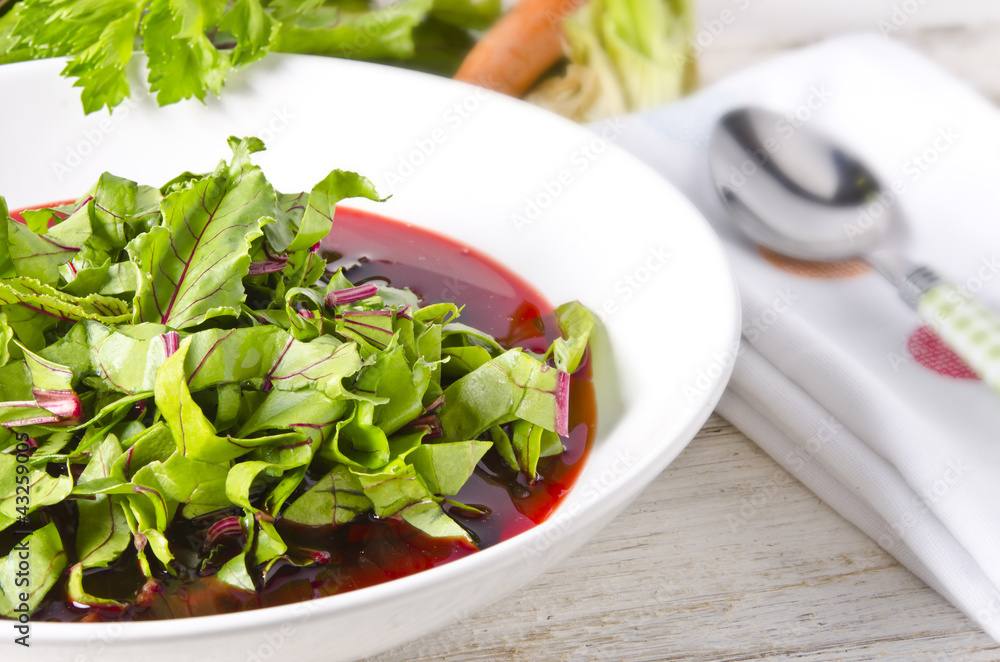 Vegetable soup from young, fresh sheets of the beetroot Vegetable soup from young, fresh sheets of the beetroot