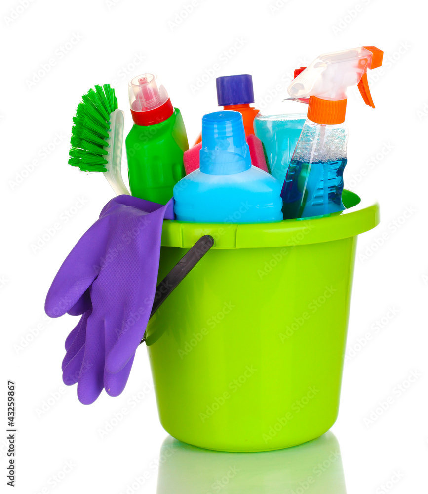 Cleaning items in bucket isolated on white Cleaning items in bucket isolated on white