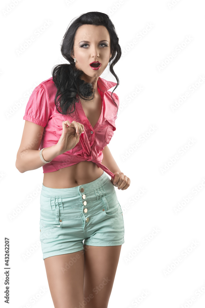 pretty brunette with shorts with open mouth pretty brunette with shorts with open mouth