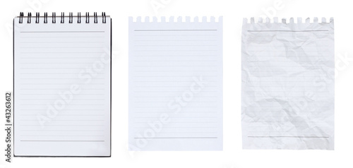 Blank notebook and page ripped off on white background