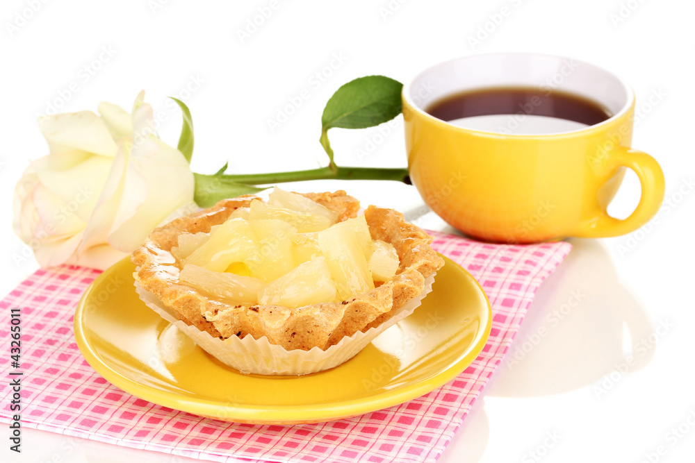 sweet cake with cup of tea isolated on white sweet cake with cup of tea isolated on white