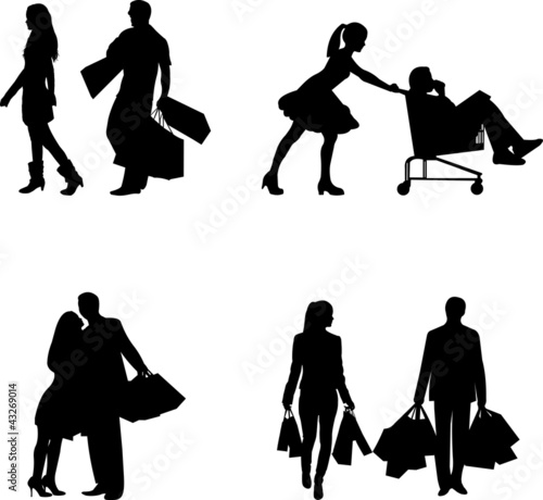 Man and woman in a shopping mall with shopping bags silhouette