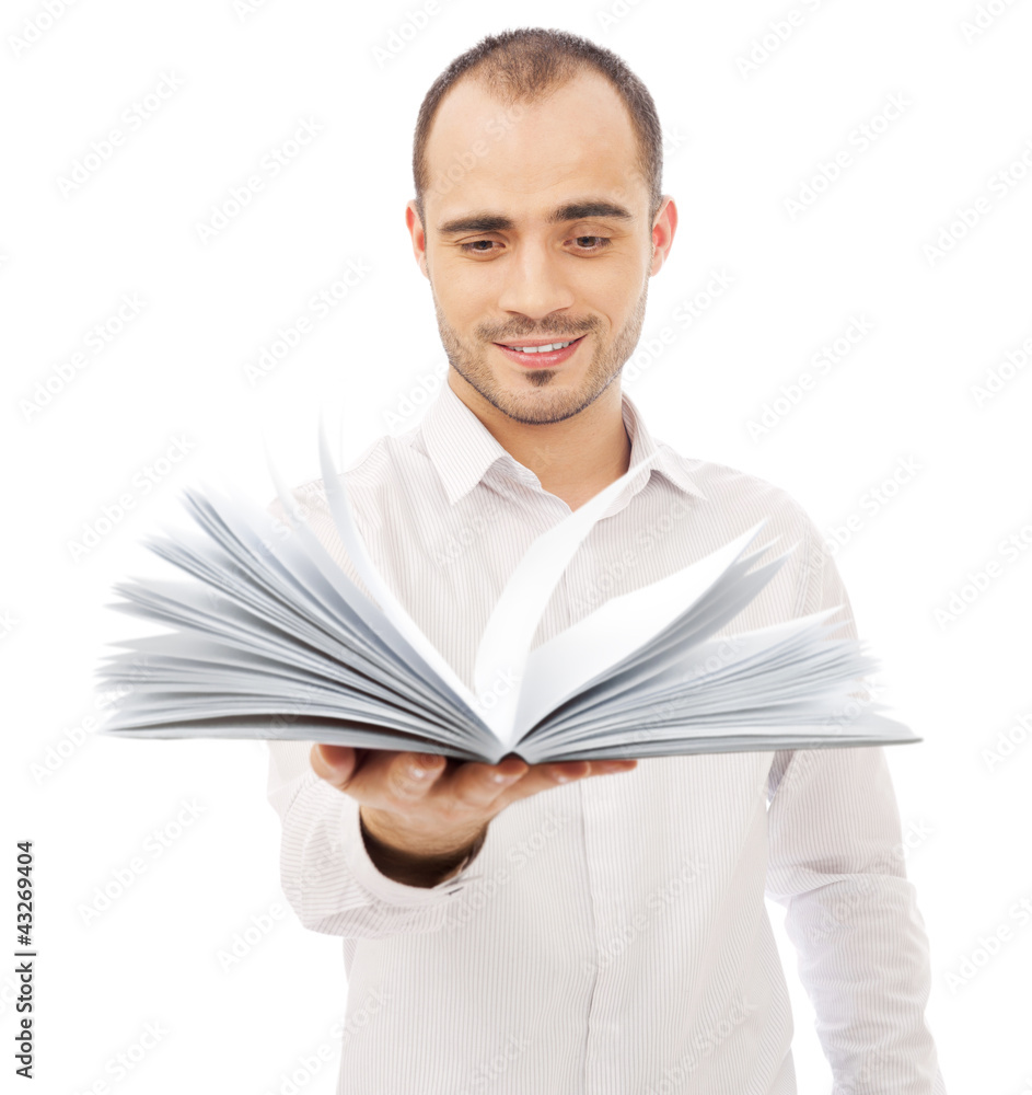Adult man holding an opened book and reading. Self education of Adult man holding an opened book and reading. Self education of