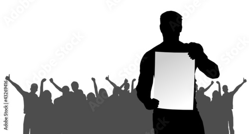 Mann mit Plakat und Gruppe