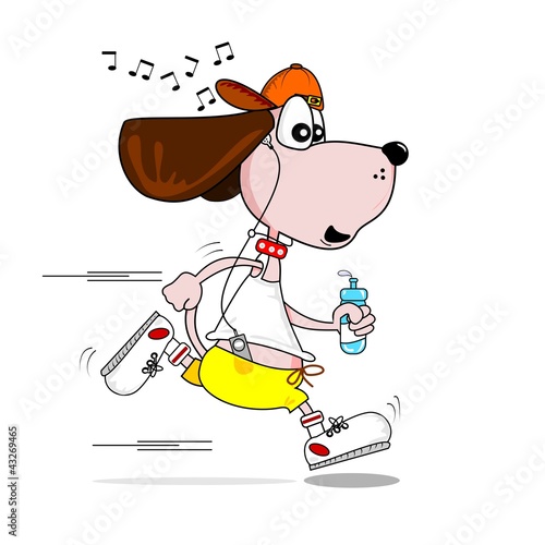 A cartoon dog keeping fit jogging to music