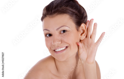 bright picture of young woman listening gossip news