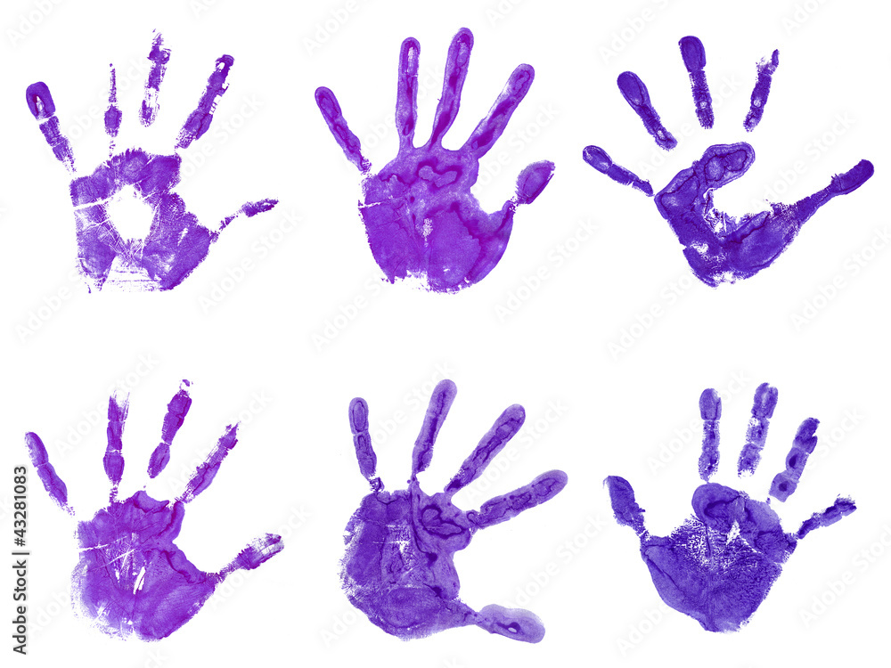Conceptual violet painted hand shape or print isolated on white