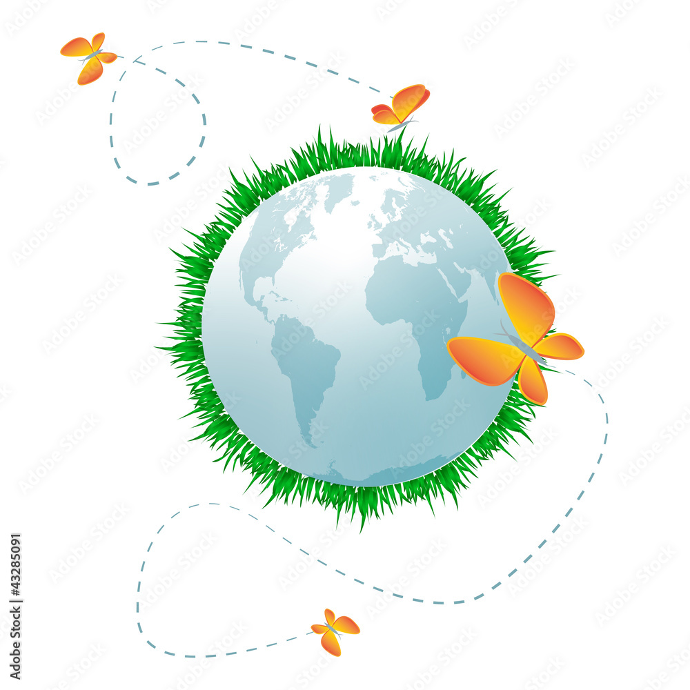 Naklejka premium Eco planet/Pale blue planet with grass, clouds and butterflies