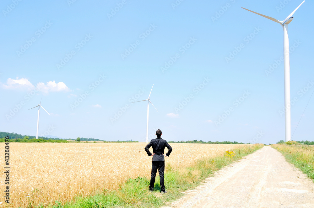 Business man near wind farm