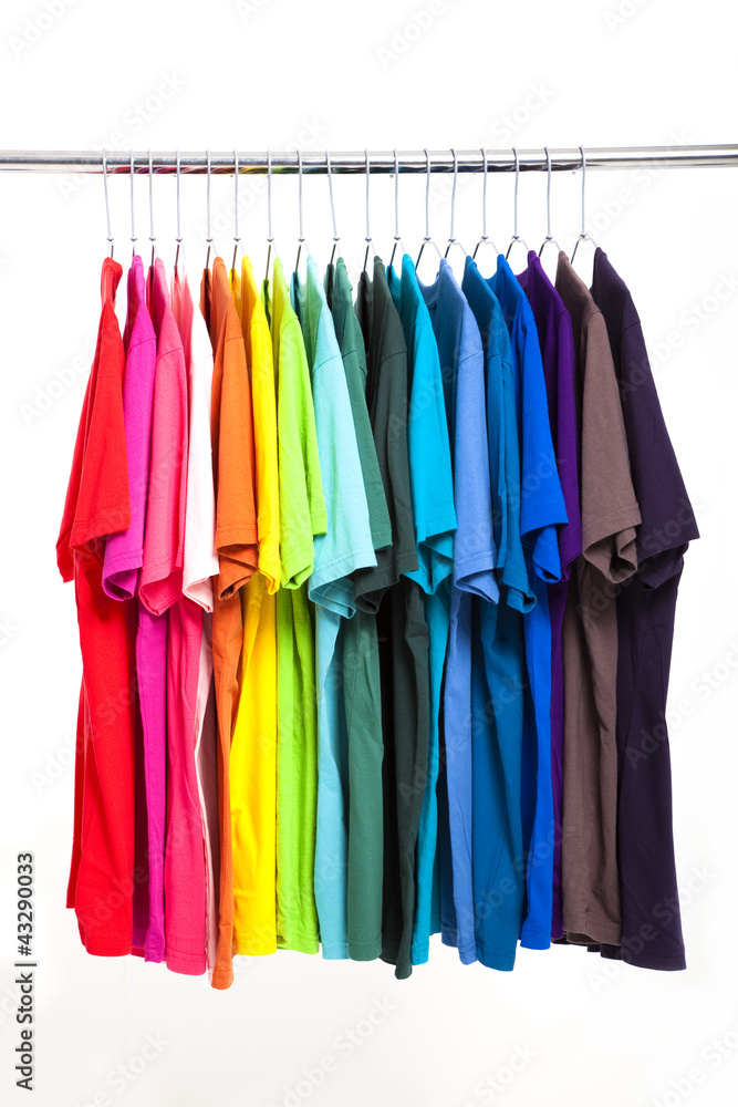 colorful t-shirt with hangers isolated on white colorful t-shirt with hangers isolated on white