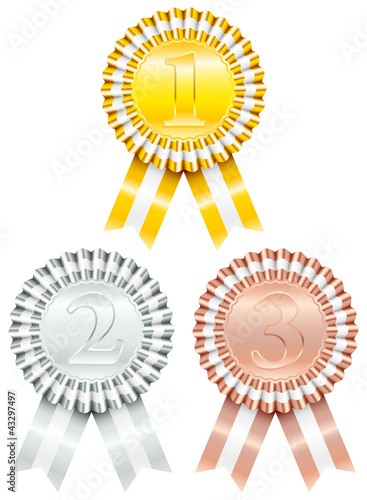 3 Award Badges 1-Gold/2-Silver/3-Bronze Striped Ribbon