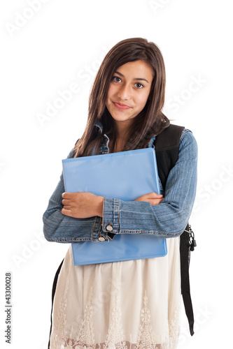 Preteen school girl portrait isolated on white photo