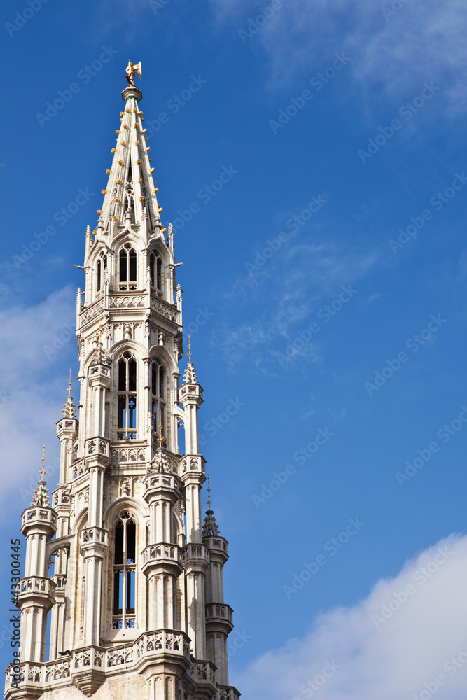Town hall spire at the Grand Place in Brussels Belgium