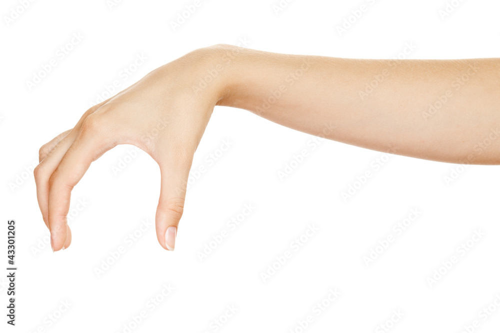 Beautiful woman hand  holding items  isolated on white backgroun