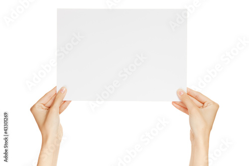 Hands holding paper isolated on white