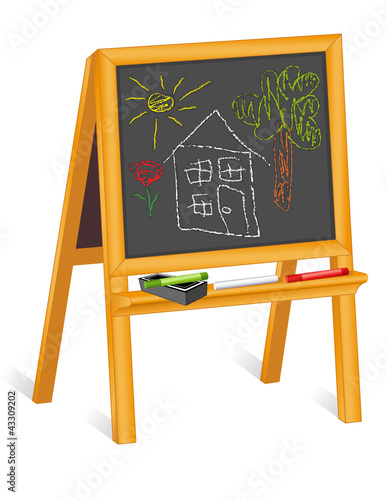 Child's Chalk Drawings, blackboard easel, house, landscape