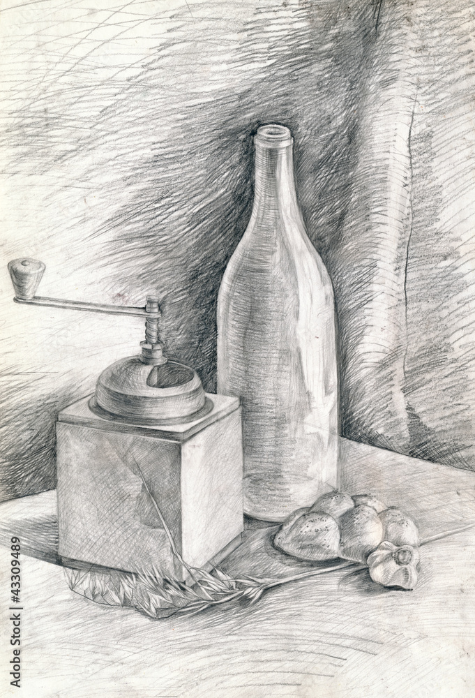 Fototapeta premium still life - pencil technique, bottle and mill