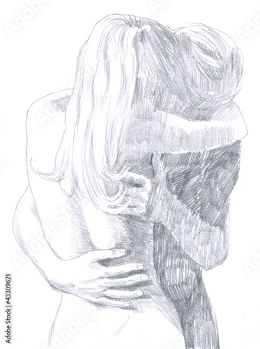 hand-drawn picture, pencil technique - LOVERS IN EMBRACE
