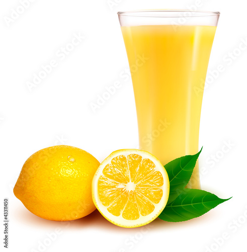 Ripe orange with leaves and glass with juice. Vector