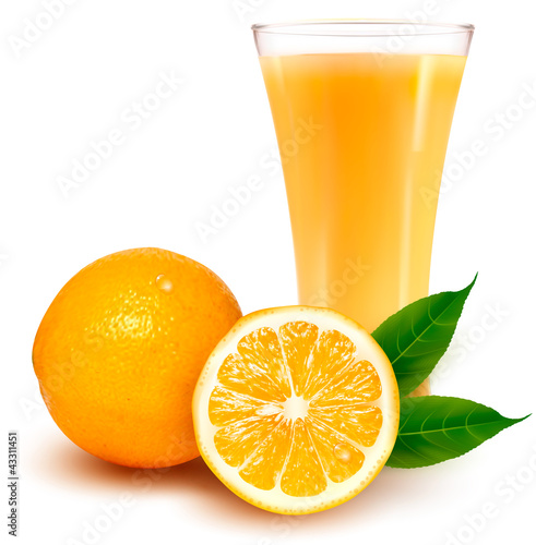Fresh orange and glass with juice. Vector