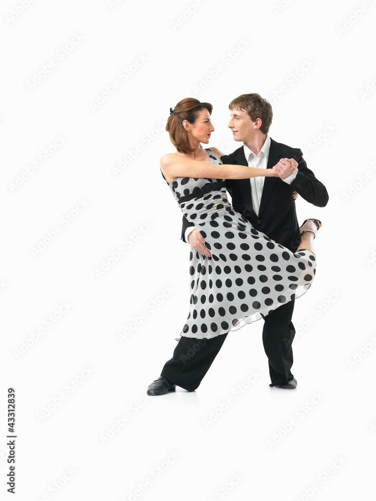 passionate dancing couple on white background