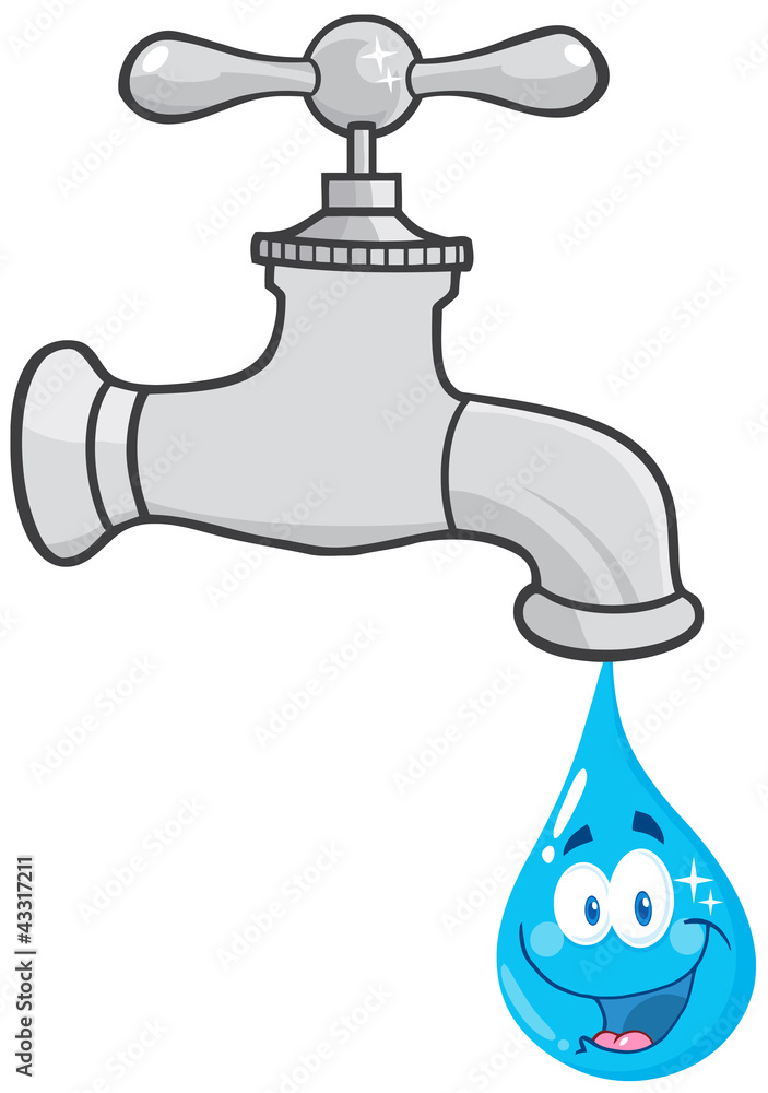 Water Faucet With Smiling Water Drop Cartoon Character Stock Vector | Adobe  Stock