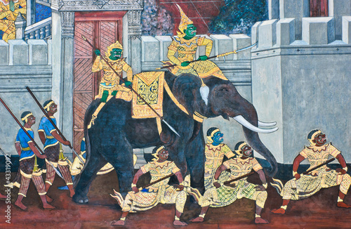 Fotografia Traditional Thai paintings of Ramayana epic in Wat Phra Kaew (Pu