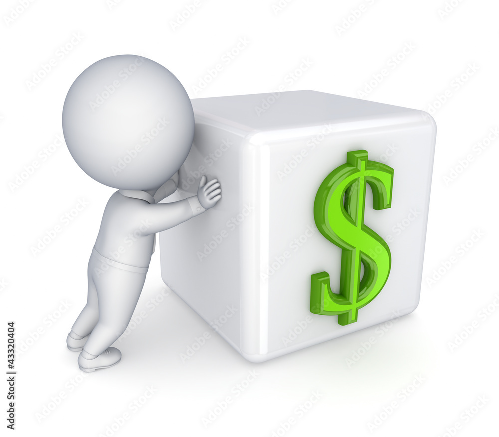 3d small person pushing dollar sign. 3d small person pushing dollar sign.