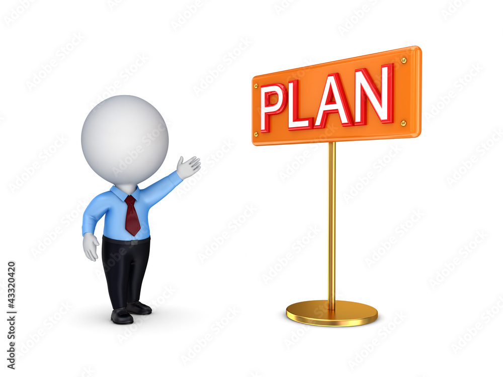 3d small person pointing on a bunner PLAN. 3d small person pointing on a bunner PLAN.