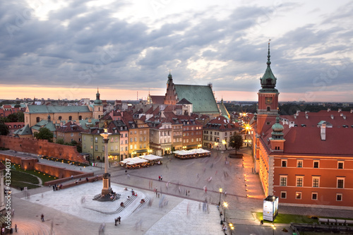 Royal Castle Square in Warsaw old town, at dusk. Poland