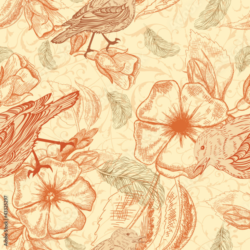 Spring pattern with feathers and birds on apple flowers