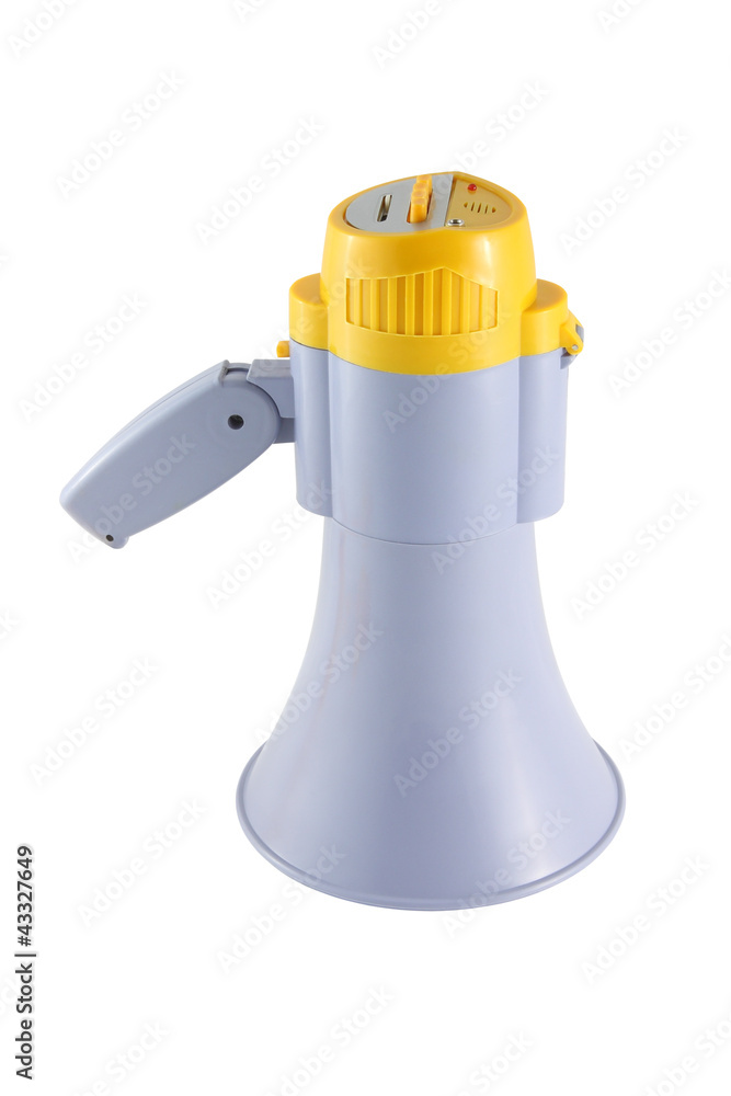Fototapeta premium Yellow and gray megaphone turn upside down on white background.