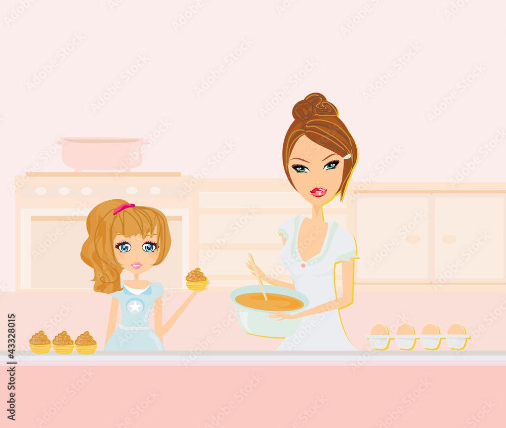 Happy mother helping her daughter cooking in the kitchen Happy mother helping her daughter cooking in the kitchen