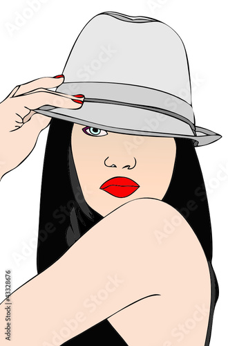 Donna in abito nero con cappello maschile