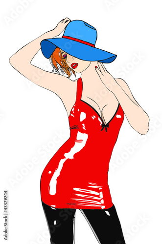 Una donna molto sexy in abito rosso e cappello Stock Vector | Adobe Stock