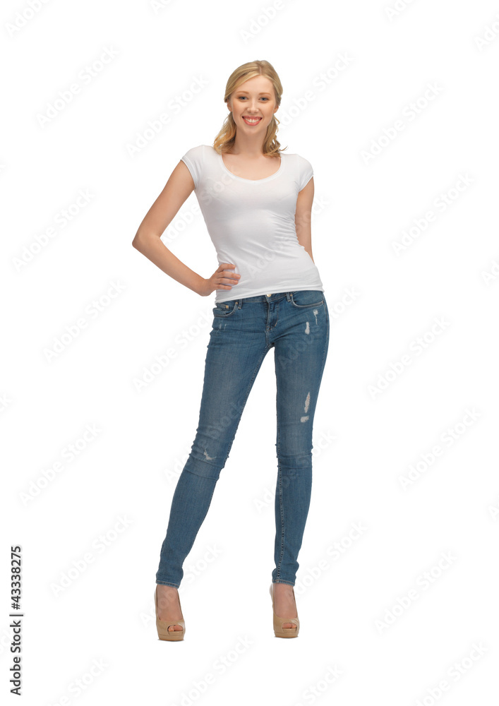 woman in blank white t-shirt