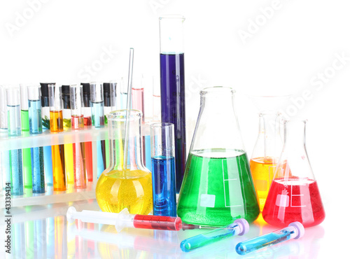 Different laboratory glassware with color liquid isolated