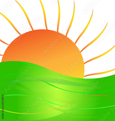Sun and green hill vector