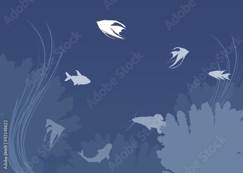 underwater blue landscape with fishes