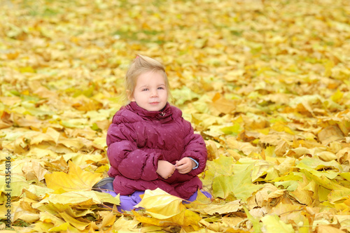 Toddler girl playing in autumn leaves