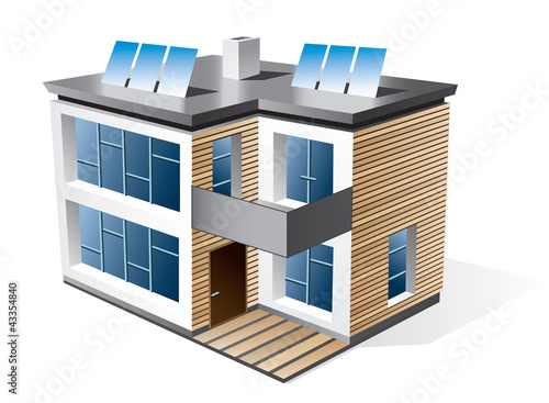 Isolated 3d vector icon of modern family house with wood facade.