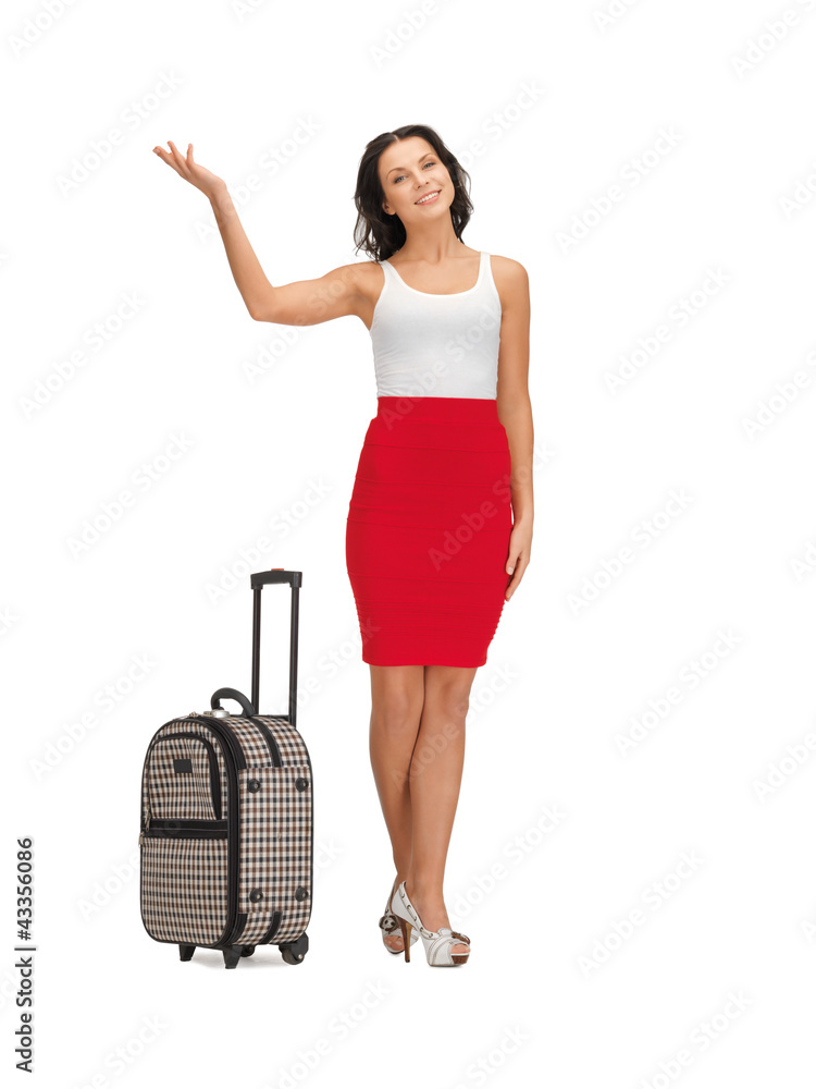 happy woman with suitcase greeting happy woman with suitcase greeting