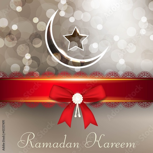 Ramadan Kareem or Ramazan Kareem background with red ribbon, moo