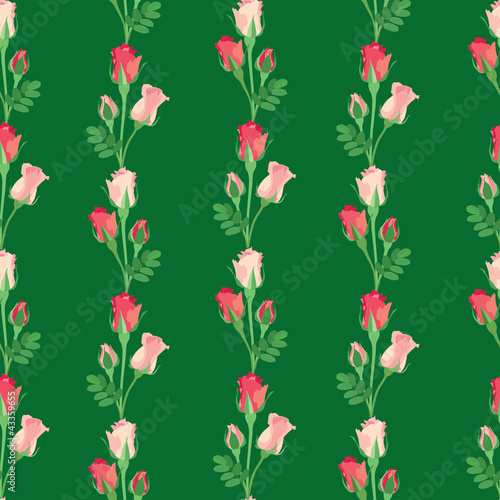 seamless pattern with flowes rose on green background