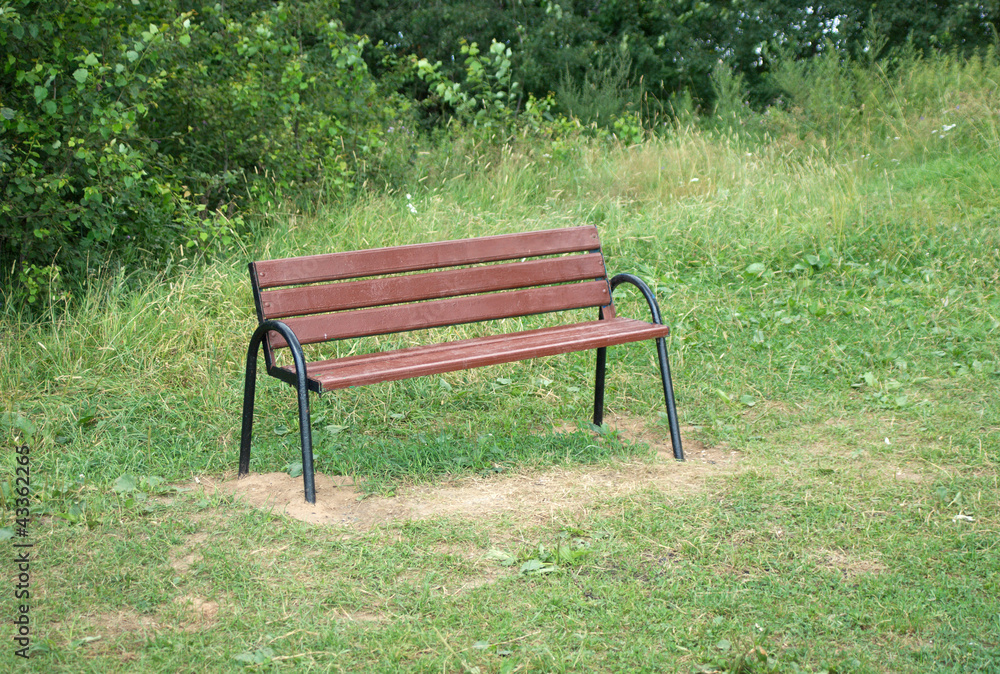 Brown wooden bench in a park