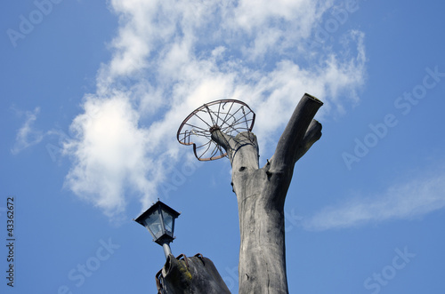 lamp and wheel for stork on old tree